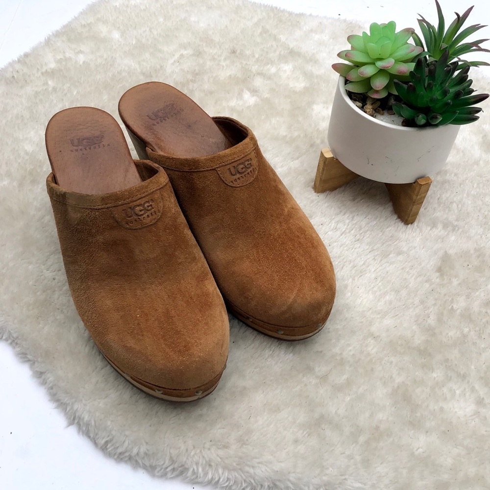 UGG | Abbie Chestnut Suede Wooden Heeled Clogs 7